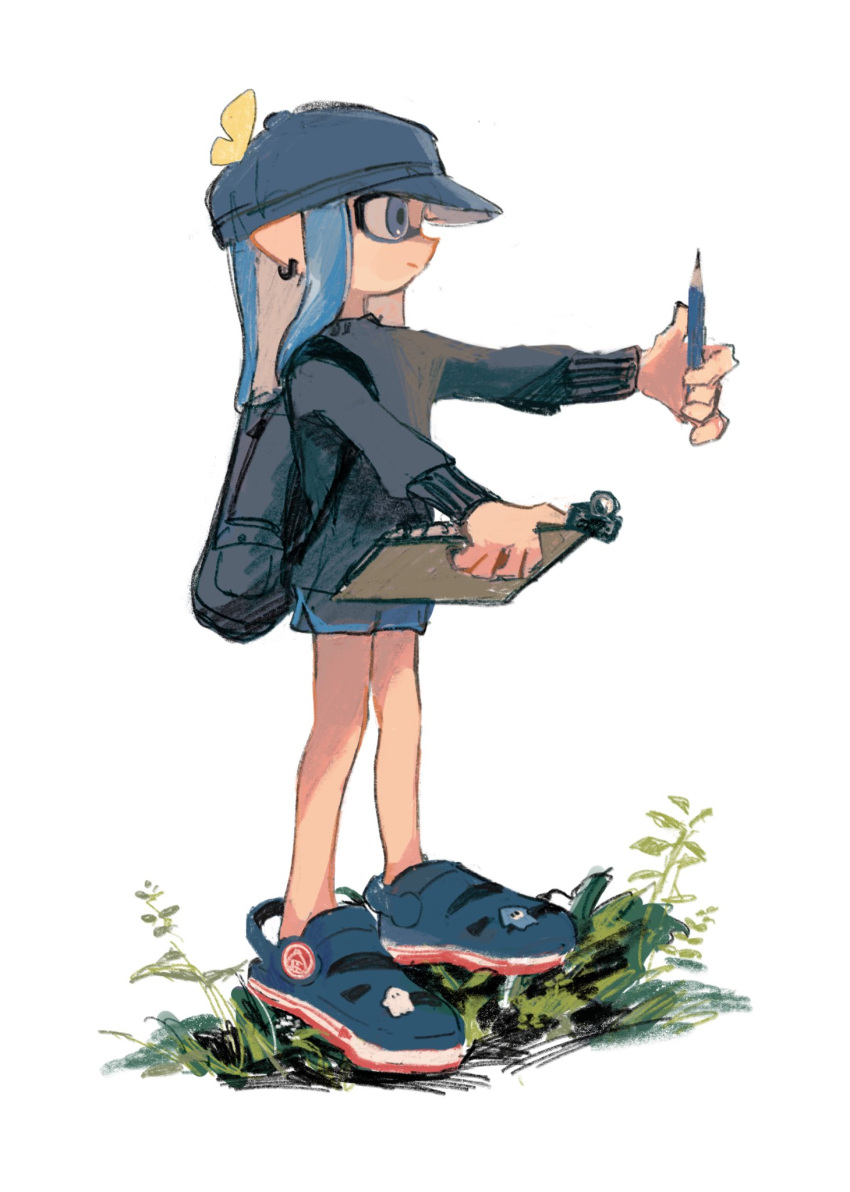 1girl, backpack, bag, black_sweater, blue_eyes, blue_footwear, blue_hat, blue_shorts