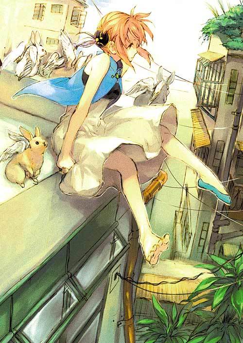 barefoot, blue_eyes, bunny, chinese_clothes, city, cityscape, couch, drainpipe, feet, gintama, hair_bun, jikayahato, kagura_(gintama), legs, power_lines, red_hair, redhead, single_shoe, sitting, solo, toes, umbrella