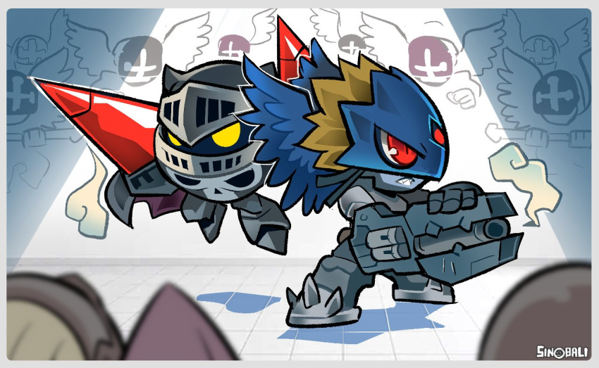 angemon, arm_cannon, armor, beelzebumon_(xros_wars), black_armor, blonde_hair, boots, chibi