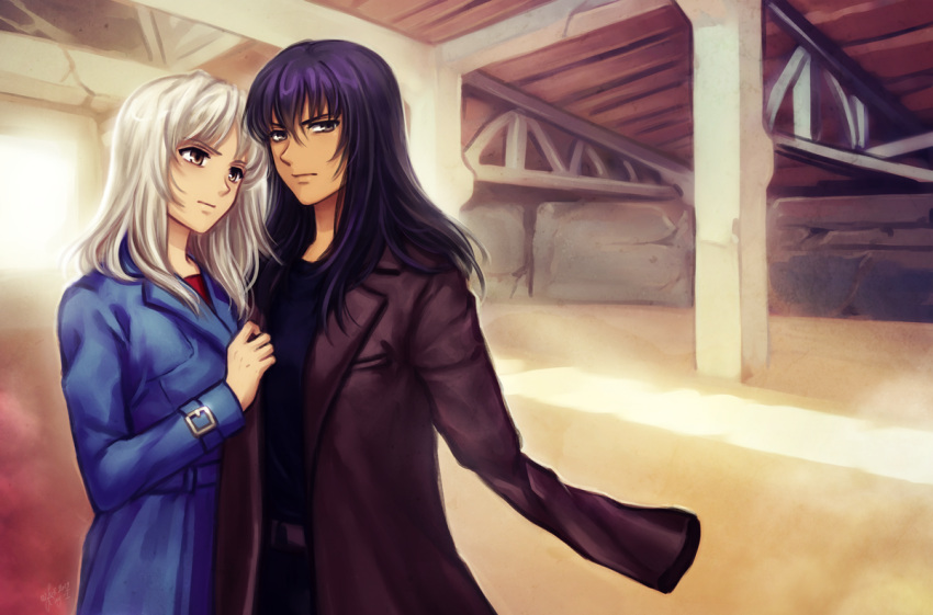 2girls, 428, aged_up, alphard_(canaan), amputee, belt, black_hair, blue_coat