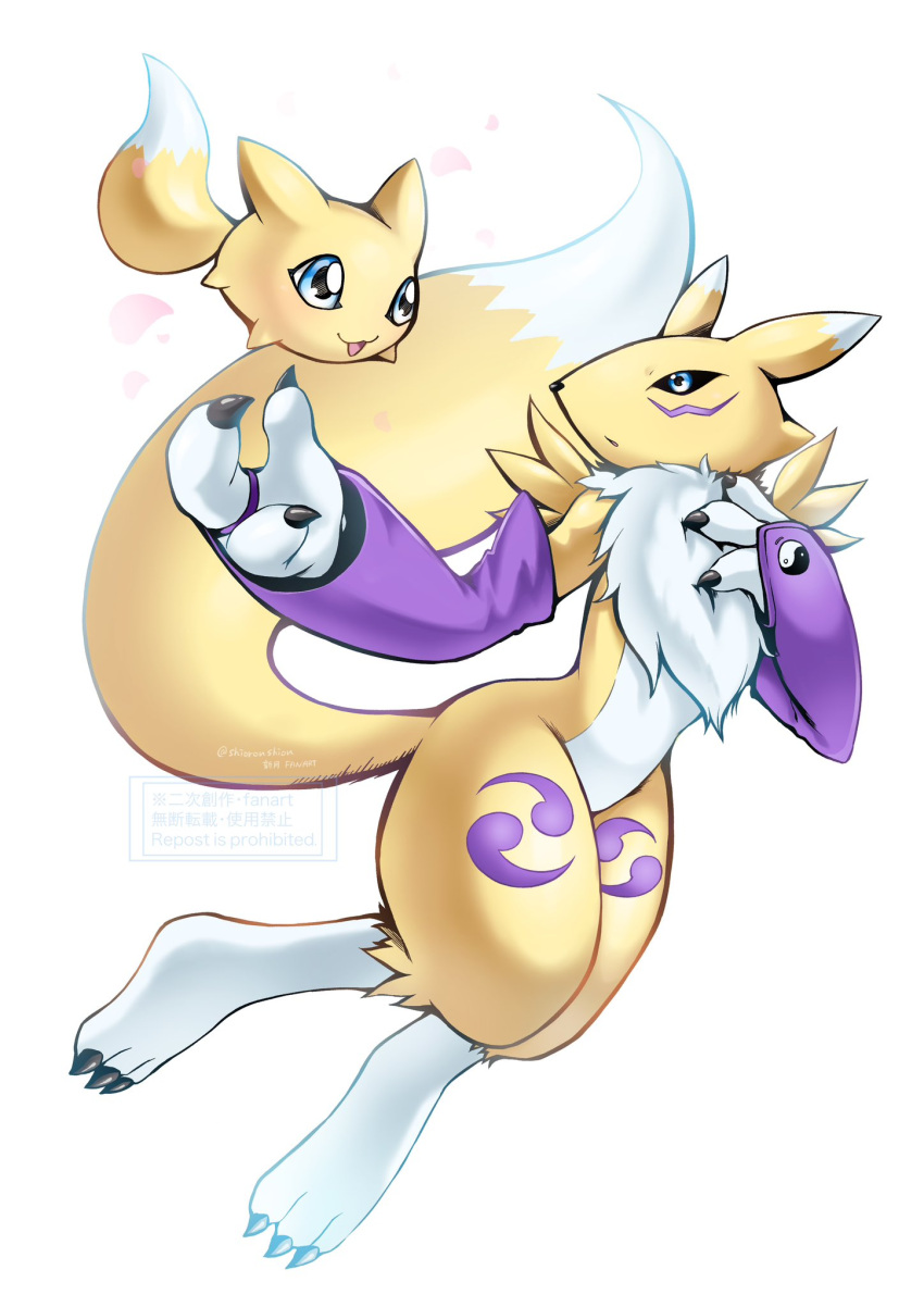black_sclera, colored_sclera, digimon, evolutionary_line, fox, furry, highres, looking_at_another