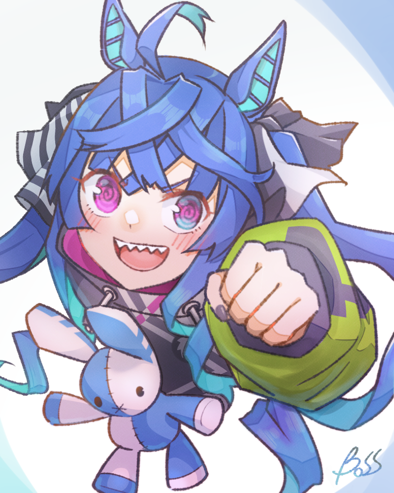 <boss>, 1girl, @_@, ahoge, animal_ears, aqua_hair, arm_up, artist_name