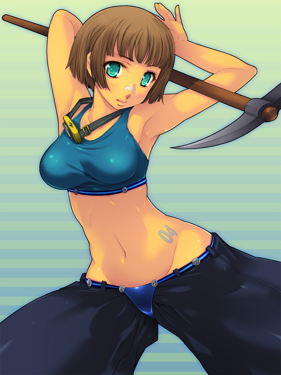 armpits, arms_up, blush, brown_hair, fc_schalke_04, highres, navel, nose_tape