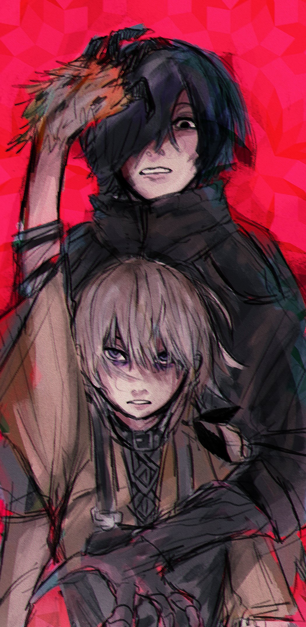 1boy, 1girl, animal_hands, bags_under_eyes, black_claws, black_hair, black_jacket, blonde_hair, choujin_x, claws, commentary, hair_over_one_eye, hair_ribbon, highres, hug, hug_from_behind, jacket, kurohara_tokio_(choujin_x), pumpurumpum2, red_eyes, ribbon, shishinegura_palma