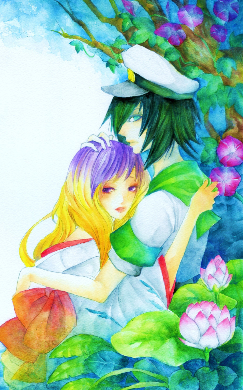 absurdres, gradient_hair, green_eyes, hat, highres, hijiri_byakuren, kido, long_hair, multicolored_hair, multiple_girls, murasa_minamitsu, purple_eyes, sailor, sailor_collar, sailor_hat, sailor_suit, short_hair, touhou, violet_eyes