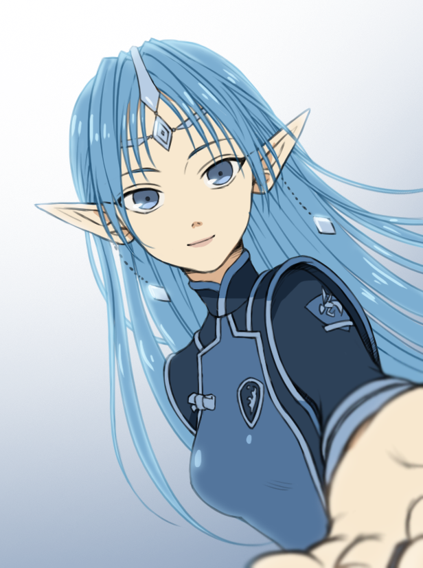1girl, blue_eyes, blue_hair, bodysuit, breasts, circlet, commentary, earrings