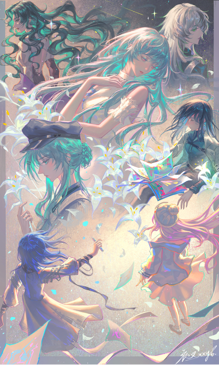 6+girls, absurdres, arm_garter, beanie, blue_hair, blue_hat, book, border