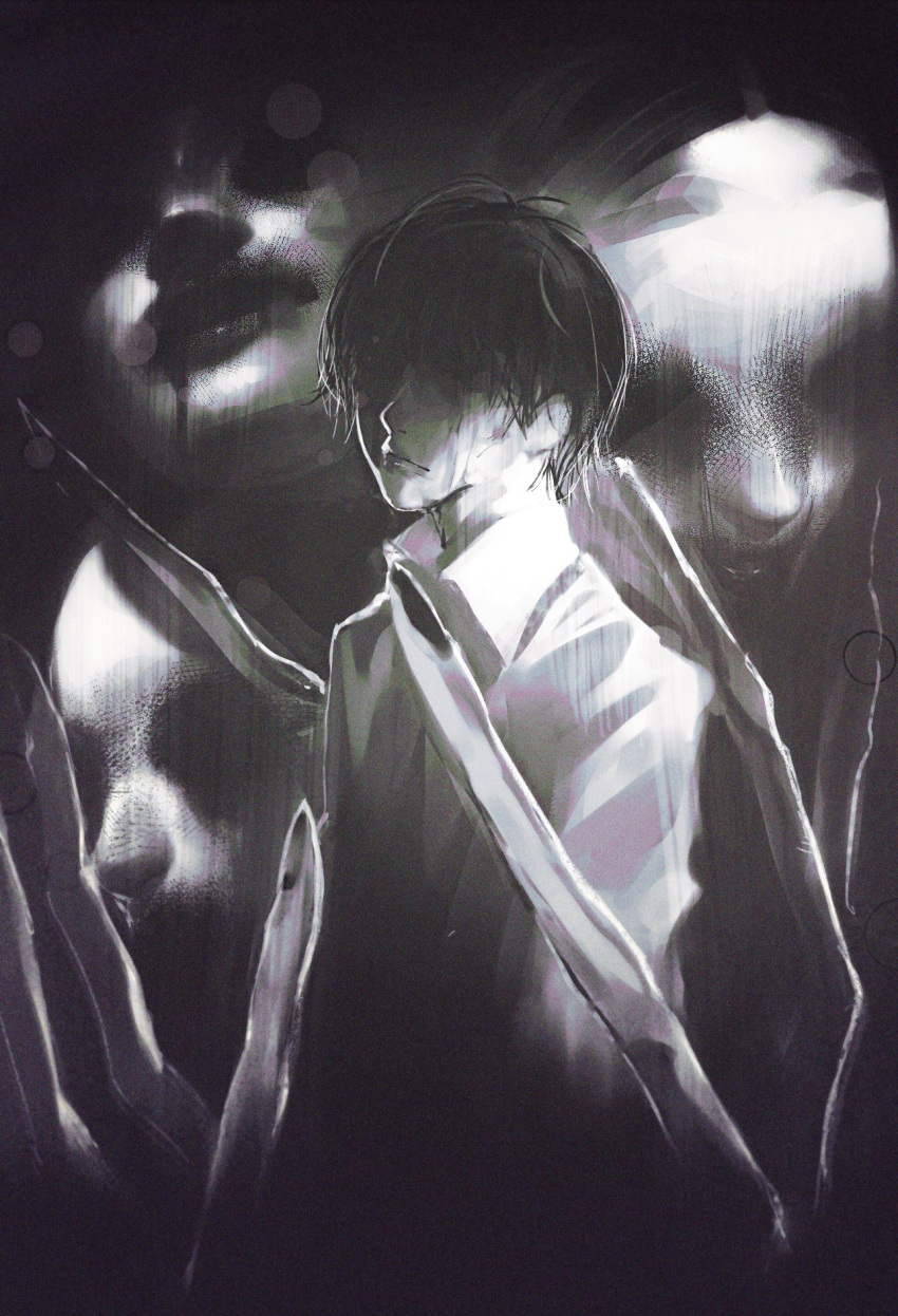1boy, ammenite, between_fingers, black_nails, choujin_x, collared_shirt, covered_eyes, dress_shirt