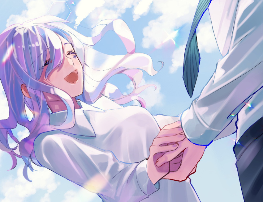 1boy, 1girl, blue_sky, breasts, cerejeira_elron, closed_eyes, fate/grand_order, fate_(series), hand_on_own_hip, large_breasts, long_hair, multicolored_hair, necktie, rdbka_00, shirt, sky, smile, white_shirt