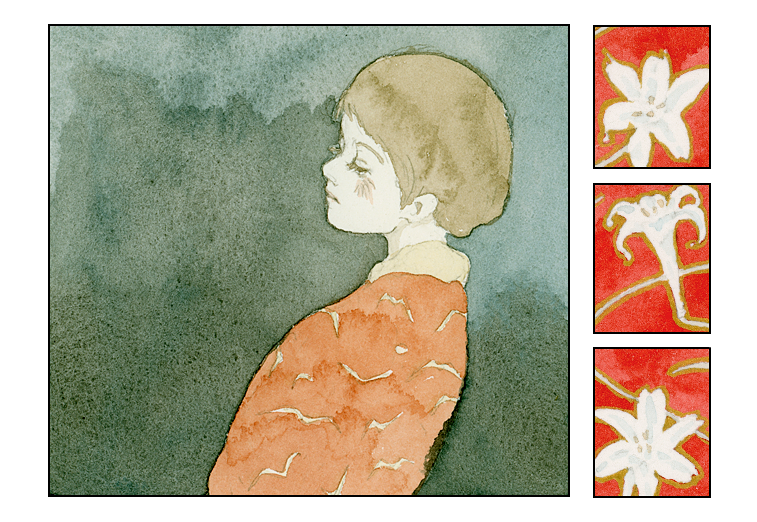 1girl, androgynous, border, brown_hair, child, colored_skin, flower, green_background