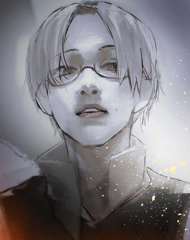1boy, alternate_name_spelling, ammenite, blonde_hair, body_writing, choujin_x, collared_jacket, english_text, facing_viewer, glasses, grey_background, higashi_azuma_(choujin_x), jacket, lips, looking_to_the_side, macman_queem_(choujin_x), muted_color, yellow_eyes