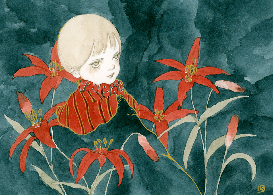 1girl, androgynous, brown_eyes, brown_hair, colored_skin, flower, kst1911, lily_(flower)