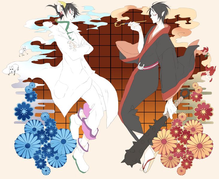 2boys, black_eyes, black_hair, black_kimono, black_sleeves, blue_flower, boots, buttons
