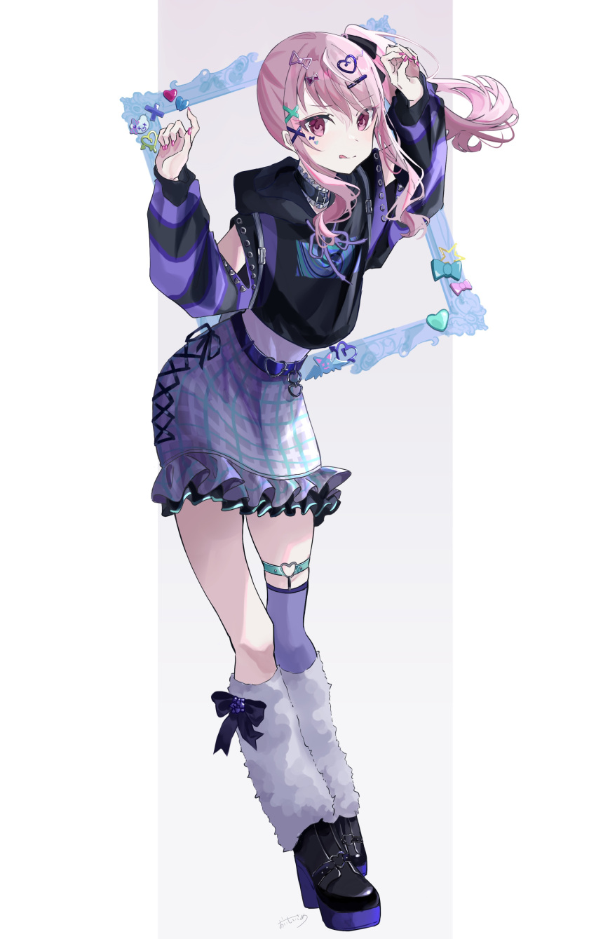1other, absurdres, akiyama_mizuki, arm_cutout, arms_up, bat_ornament, bear_symbol, belt, belt_collar, black_belt, black_bow, black_footwear, black_garter_straps, bow, bowtie, buckle, checkered_clothes, checkered_skirt, closed_mouth, collar, commentary_request, cropped_hoodie, cross-laced_clothes, cross-laced_skirt, frilled_collar, frilled_skirt, frills, full_body, garter_straps, grey_background, hair_ornament, hair_ribbon, hairclip, heart, heart-shaped_buckle, heart_hair_ornament, heart_o-ring, high_heels, highres, hood, hood_down, hoodie, long_hair, long_sleeves, looking_at_viewer, miniskirt, multicolored_clothes, multicolored_hoodie, negai_wa_itsuka_asa_wo_koete_(project_sekai), o-ring, o-ring_thigh_strap, picture_frame, pink_eyes, pink_hair, pink_nails, project_sekai, puffy_long_sleeves, puffy_sleeves, purple_belt, purple_leg_warmers, purple_shirt, purple_skirt, purple_thighhighs, ribbon, shirt, side_ponytail, signature, single_garter_strap, single_thighhigh, skirt, solo, standing, star_(symbol), striped_sleeves, sutera_sea, thick_eyelashes, thigh-highs, thigh_strap, thighs, tongue, tongue_out, two-tone_background, white_background, x_hair_ornament