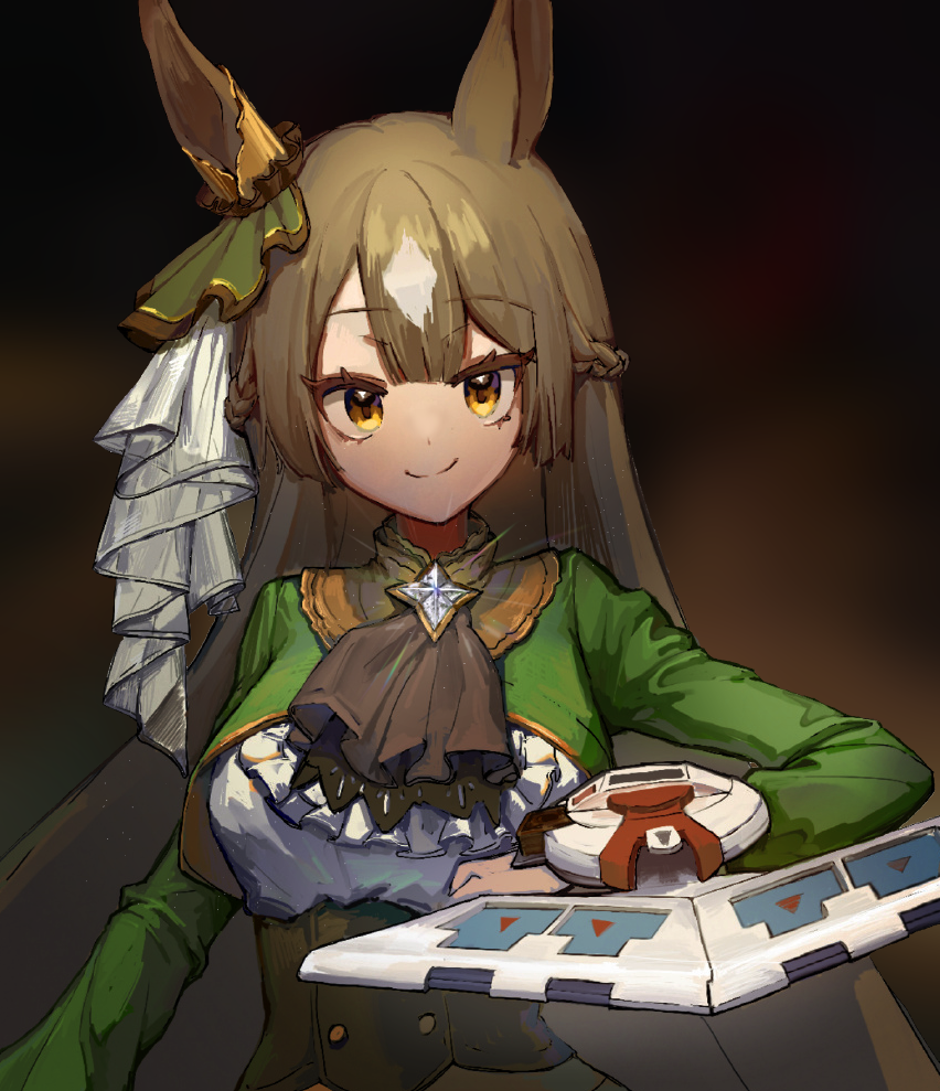 1girl, animal_ears, ascot, blurry, blurry_background, braid, breasts, brown_ascot