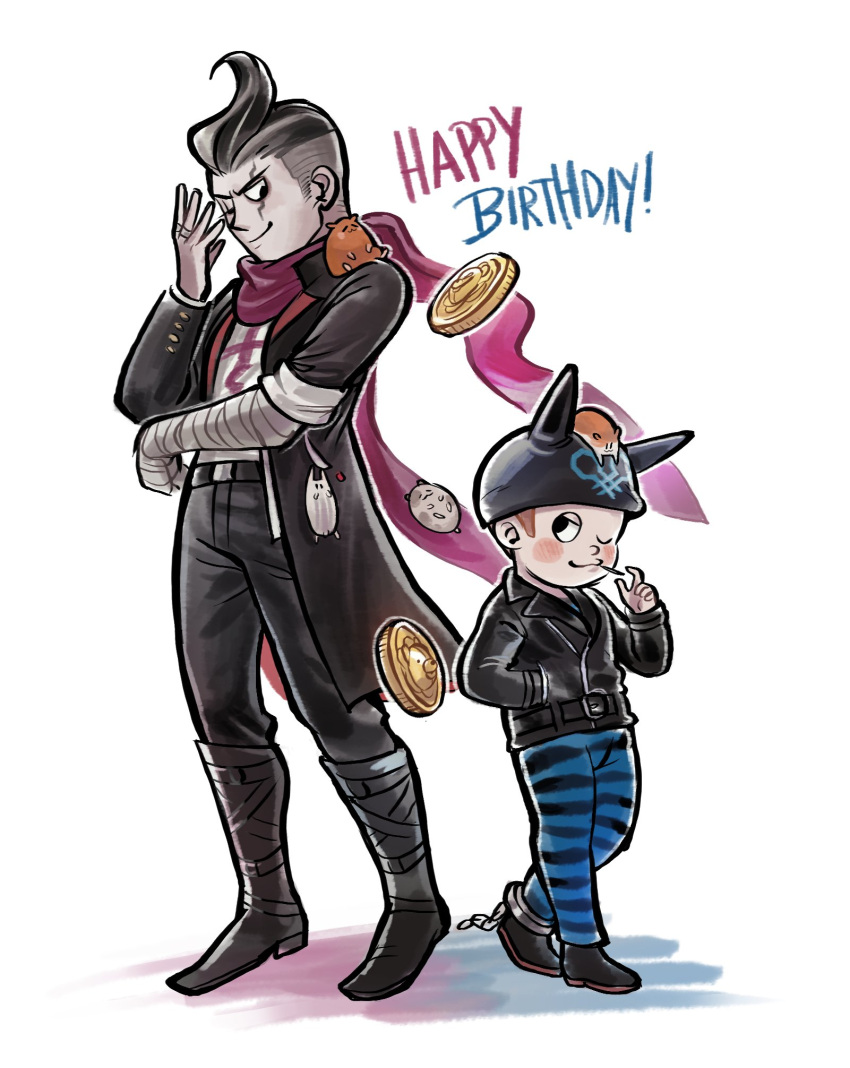 2boys, animal_ear_headwear, animal_ears, animal_on_head, animal_on_shoulder, asymmetrical_sleeves, ballooncar, bandaged_arm