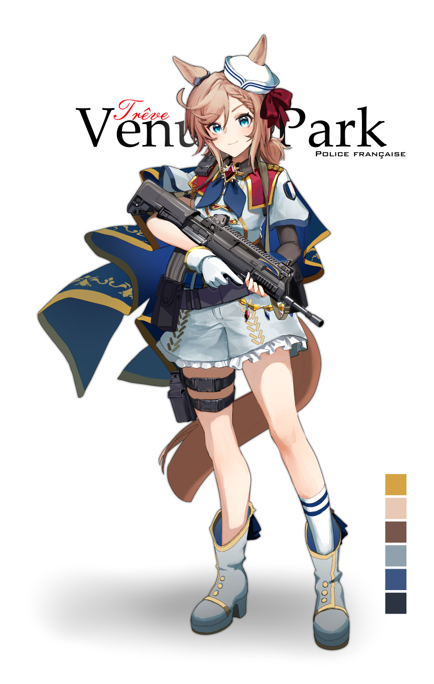 1girl, absurdres, animal_ears, aqua_eyes, belt, black_shirt, boots, bow