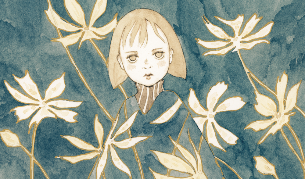 1girl, bob_cut, brown_eyes, brown_hair, child, colored_skin, floral_background, kst1911