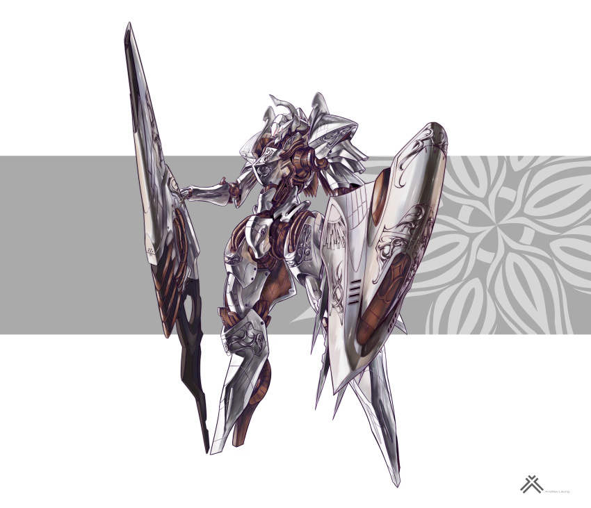 absurdres, andrew_leung, artist_name, full_body, highres, holding, holding_polearm, holding_shield