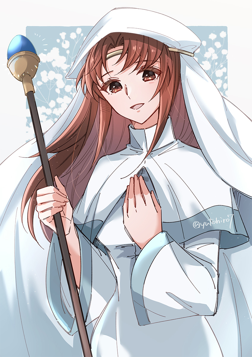 1girl, :d, brown_eyes, brown_hair, circlet, dress, elen_(fire_emblem), fire_emblem