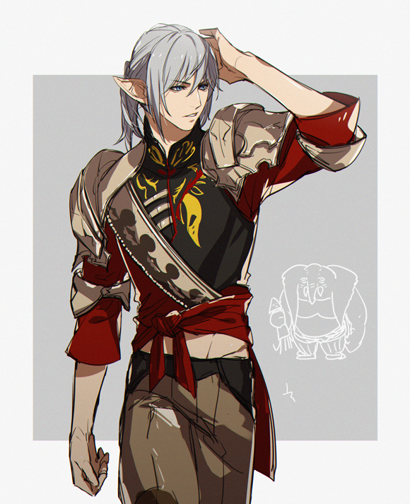 1boy, alternate_costume, arm_at_side, armor, black_shirt, blue_eyes, border, brown_pants