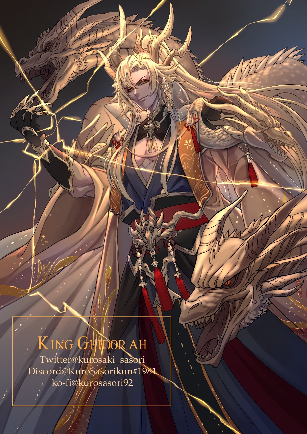 1boy, blonde_hair, claws, dragon, dragon_horns, electricity, fangs, glowing