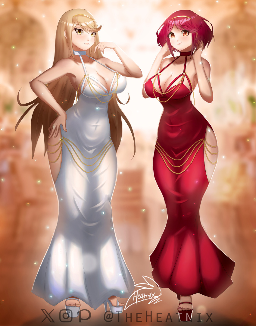 2girls, absurdres, backless_dress, backless_outfit, bare_shoulders, blonde_hair, breasts, chain