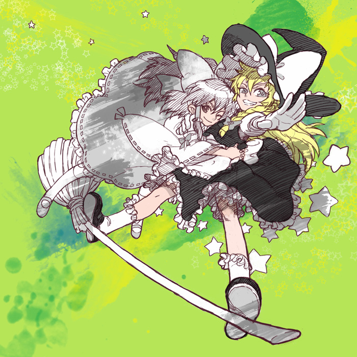 alternate_color, blonde_hair, bow, broom, broom_riding, broom_surfing, concealed_the_conclusion, foreshortening