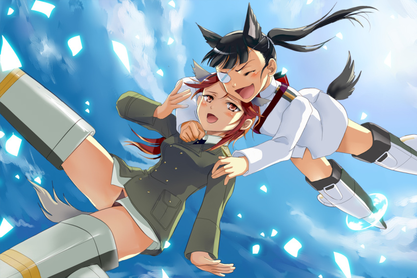 animal_ears, black_hair, blush, closed_eyes, dog_ears, dog_tail, eyepatch, flying