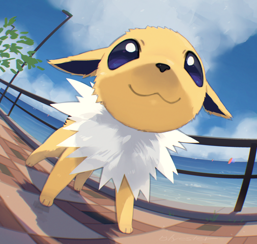 :3, blue_eyes, blue_sky, clouds, commentary, day, english_commentary, fence, fisheye, jolteon, lamppost, looking_at_viewer, mountainous_horizon, nagasaki_wonderful, no_humans, ocean, outdoors, pokemon, pokemon_(creature), sky, tree, yellow_fur