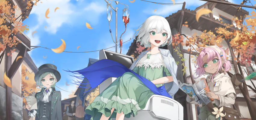 3girls, :d, absurdres, arucoro, ascot, autumn_leaves, bag, black_coat