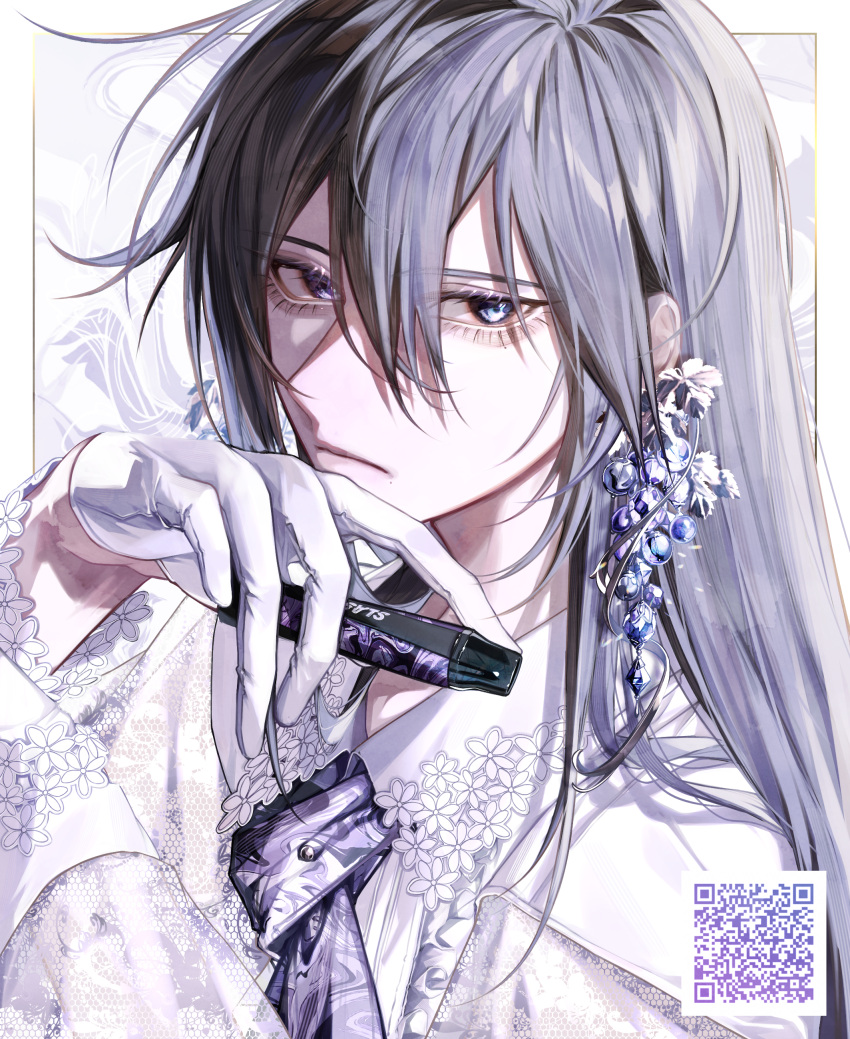 1boy, absurdres, bishounen, black_hair, blue_eyes, border, collared_shirt, dangle_earrings