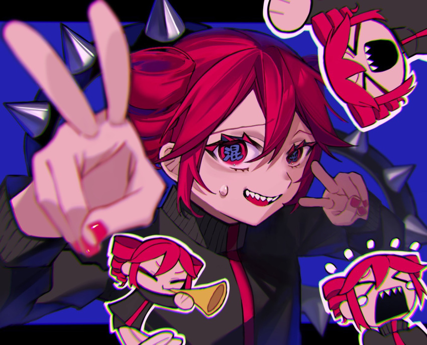 >_<, 1girl, black_border, black_shorts, black_track_suit, blue_background, border, chibi, chibi_inset, chromatic_aberration, closed_eyes, colored_eyelashes, double_v, drill_hair, hair_between_eyes, holding, holding_instrument, horn_(instrument), instrument, kasane_teto, konton_boogie_(vocaloid), looking_at_viewer, nikuta, open_mouth, outline, red_nails, red_trim, redhead, sharp_teeth, shorts, simple_background, small_sweatdrop, symbol-shaped_pupils, teeth, track_suit, twin_drills, utau, v, vocaloid, vuvuzela, white_outline