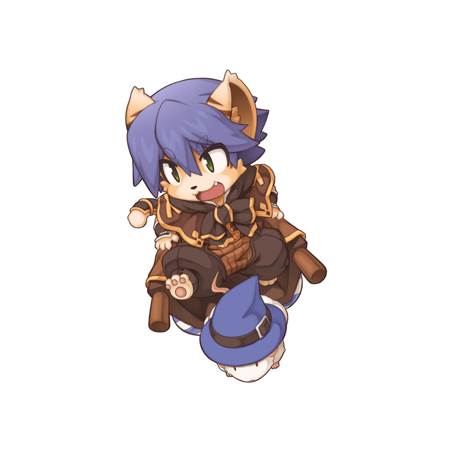 1boy, animal_ears, barefoot, blue_hat, brown_capelet, brown_pants, brown_shirt, capelet