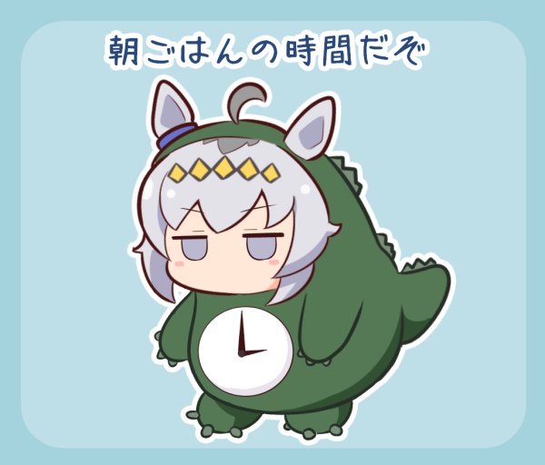 1girl, ahoge, animal_ears, blue_background, blush_stickers, chibi, clock, ears_through_headwear