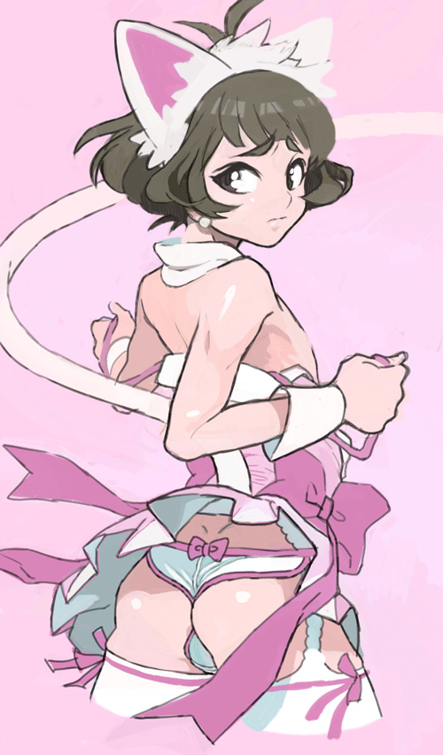 1boy, akizuki_ryou, animal_ears, antenna_hair, ass, bare_shoulders, brown_eyes, brown_hair, bulge, cat_ears, crossdressinging, cute_&amp;_girly_(idolmaster), earrings, from_behind, garter_belt, garter_straps, idolmaster, idolmaster_dearly_stars, jewelry, kimimaru, looking_back, male, panties, short_hair, solo, tail, thigh-highs, thighhighs, trap, underwear, undressing, white_panties