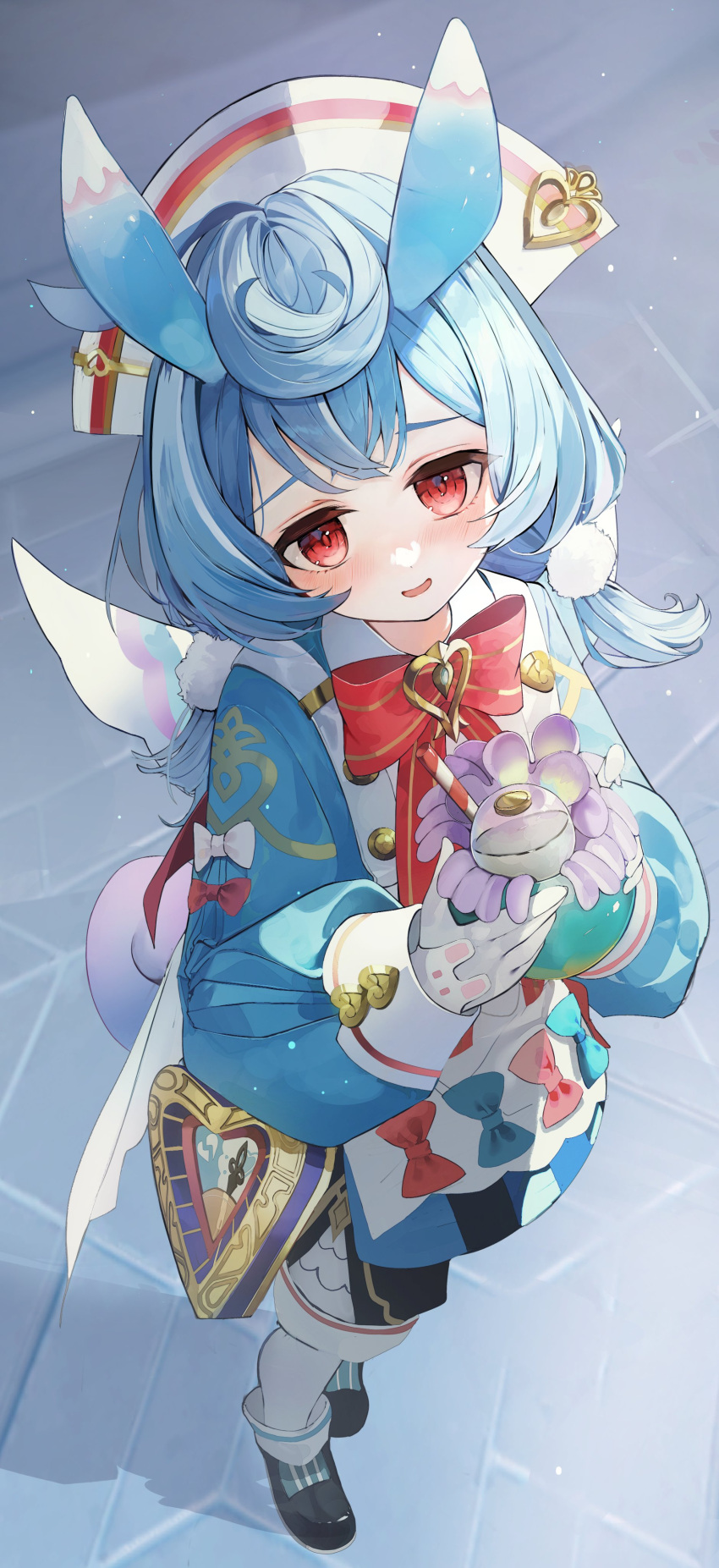 1girl, absurdres, animal_ears_(norankkori), apron, black_footwear, blue_dress, blue_hair, bow, bowtie, dress, drink, from_above, full_body, genshin_impact, gloves, hair_ornament, hands_up, hat, highres, holding, holding_drink, long_sleeves, looking_at_viewer, low_twintails, nurse_cap, open_mouth, pom_pom_(clothes), pom_pom_hair_ornament, red_bow, red_bowtie, red_eyes, shadow, sidelighting, sigewinne_(genshin_impact), smile, solo, standing, tail, twintails, white_apron, white_gloves