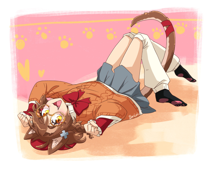 1girl, :d, animal_ear_fluff, animal_ears, aran_sweater, babanalatte, beret, border