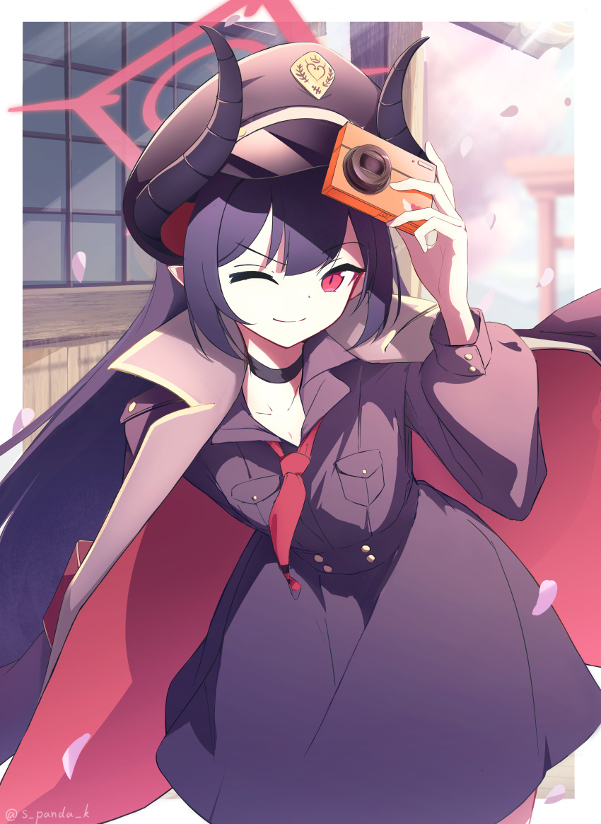 1girl, absurdres, black_choker, black_dress, black_hair, black_horns, blue_archive, camera