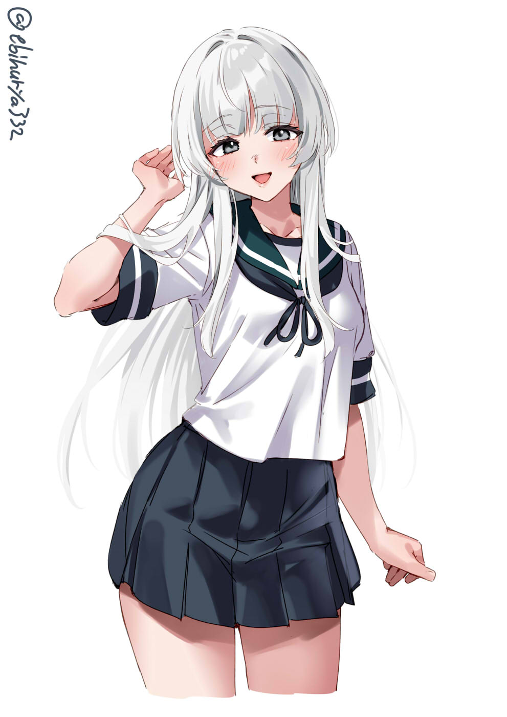 1girl, blue_sailor_collar, blue_skirt, blunt_bangs, blush, breasts, commentary, cowboy_shot