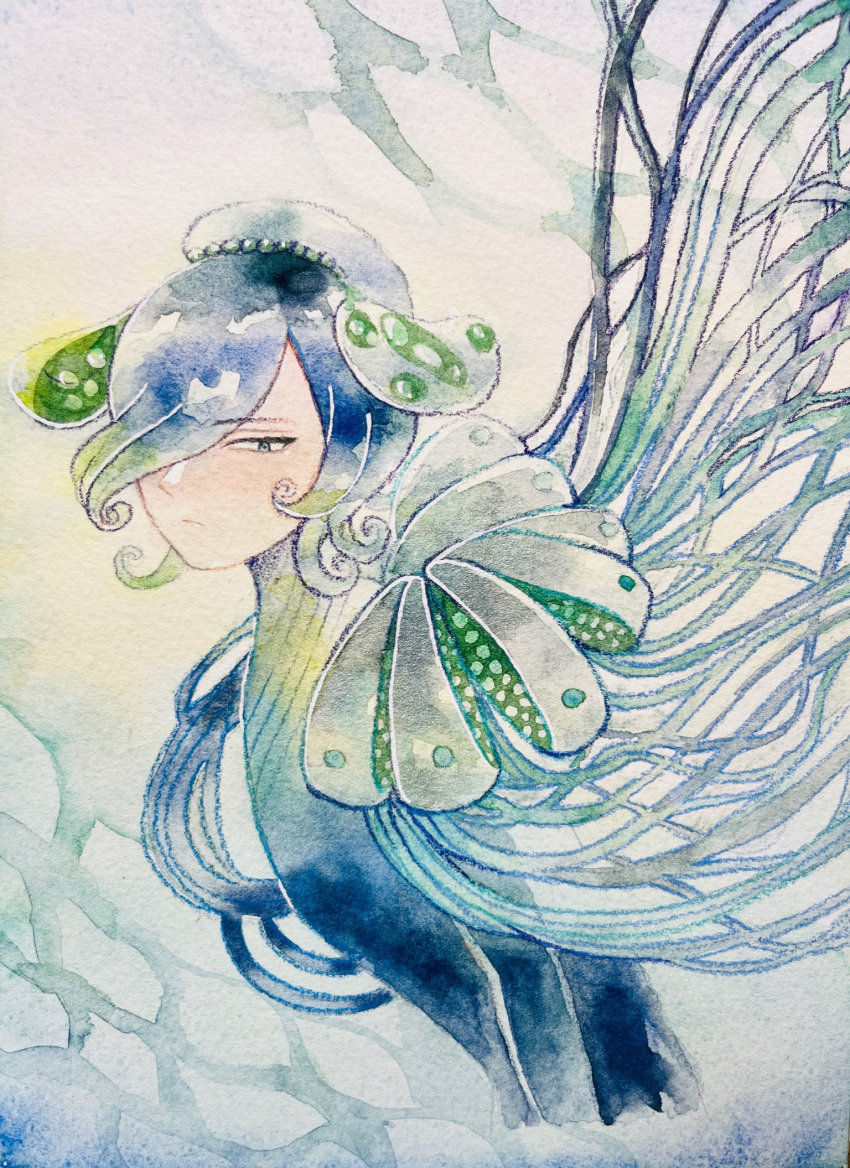 1boy, aculeatus, blue_hair, blue_theme, caustics, closed_mouth, from_side, hair_over_one_eye