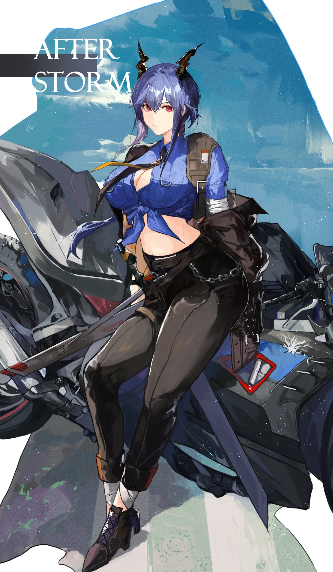 1girl, arknights, blue_shirt, ch'en_(after_storm)_(arknights), ch'en_(arknights), chi_xiao_(arknights), dragon_girl, dragon_horns