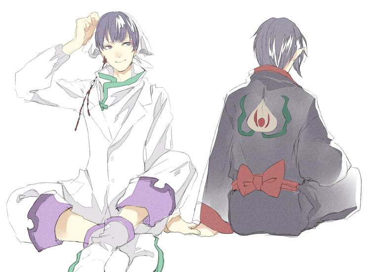 2boys, back_bow, black_eyes, black_hair, black_kimono, black_sleeves, boots, bow