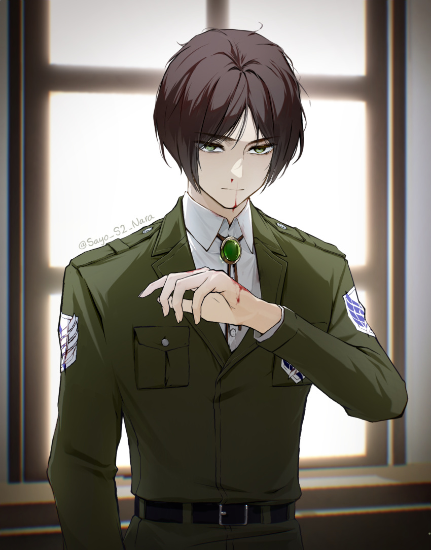 1boy, belt, black_belt, black_hair, blood, blood_from_mouth, blood_on_face, closed_mouth