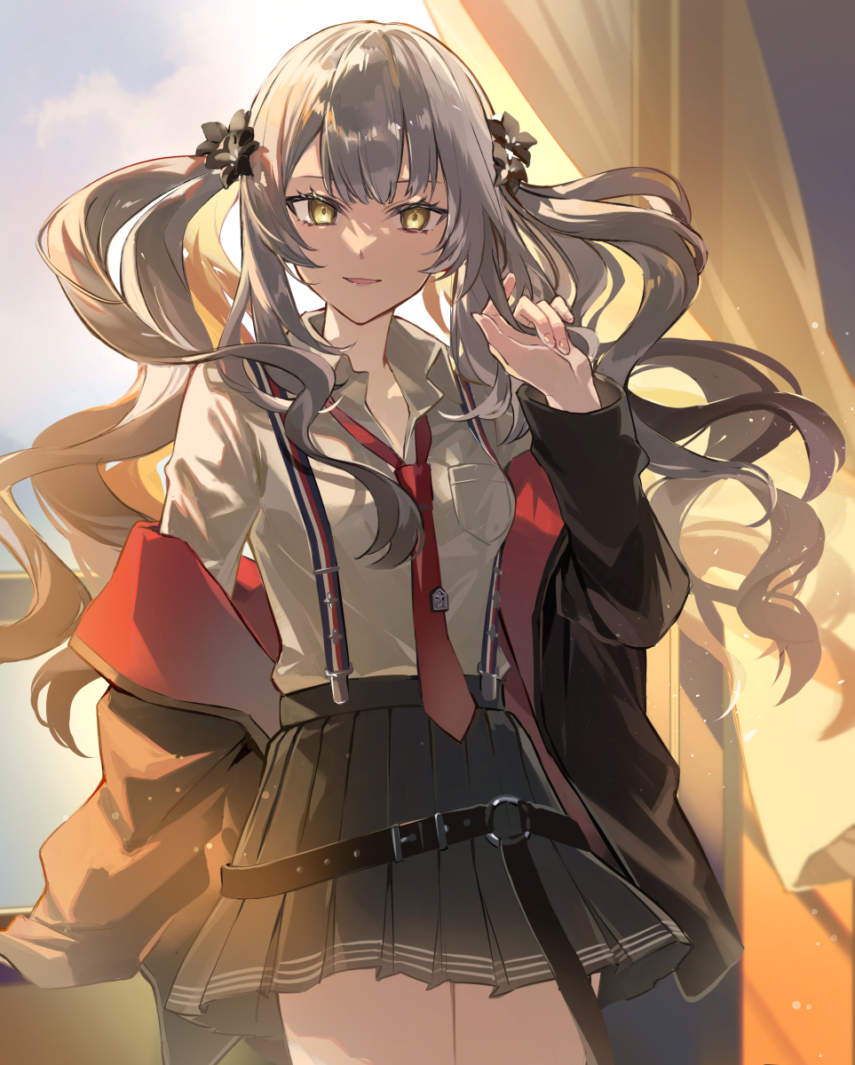 1girl, belt, black_belt, black_jacket, black_skirt, collared_shirt, commentary_request, curtains