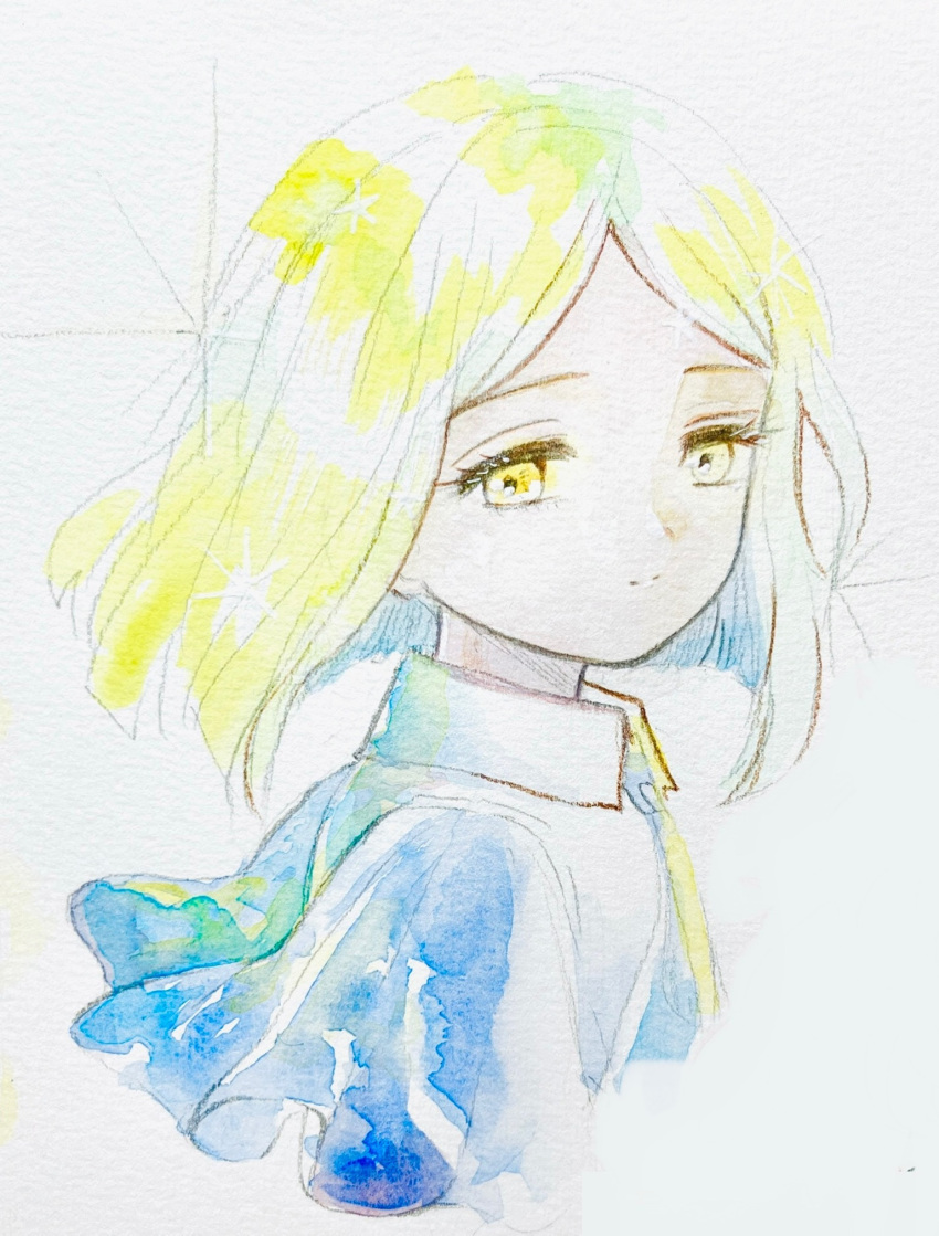 1other, androgynous, blonde_hair, bob_cut, closed_mouth, floating_hair, frilled_sleeves, frills