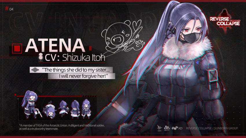 1girl, atena_(bakery_girl), character_name, chibi, codename:_bakery_girl, english_text, gun, headphones
