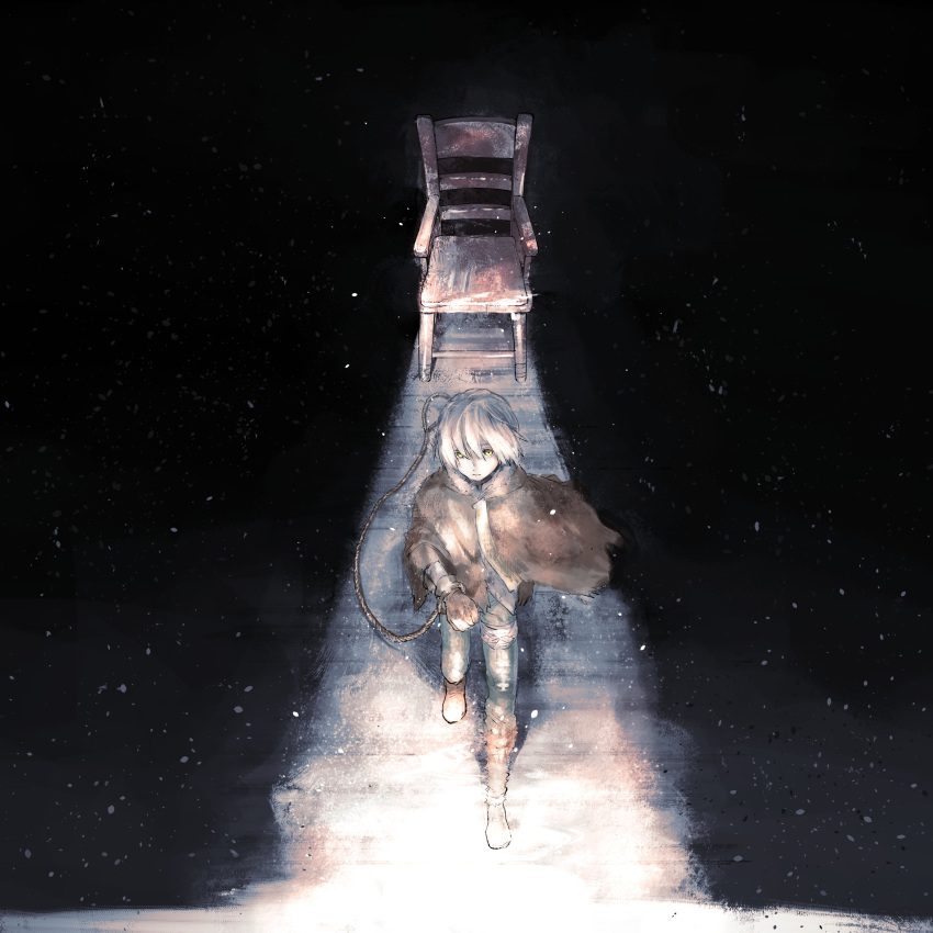 1boy, absurdres, blue_pants, boots, brown_cloak, brown_gloves, chair, cloak, crack_of_light, from_above, fumetsu_no_anata_e, fur_cloak, fushi, gloves, hair_between_eyes, hand_up, highres, itabasami, knee_boots, looking_at_viewer, male_focus, pants, rope, sad, short_hair, snowing, solo, walking, white_hair, wide_shot, wind, yellow_eyes