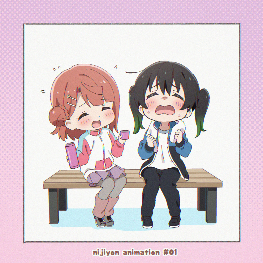 2girls, black_footwear, black_hair, black_pants, blue_jacket, blush, border, chibi