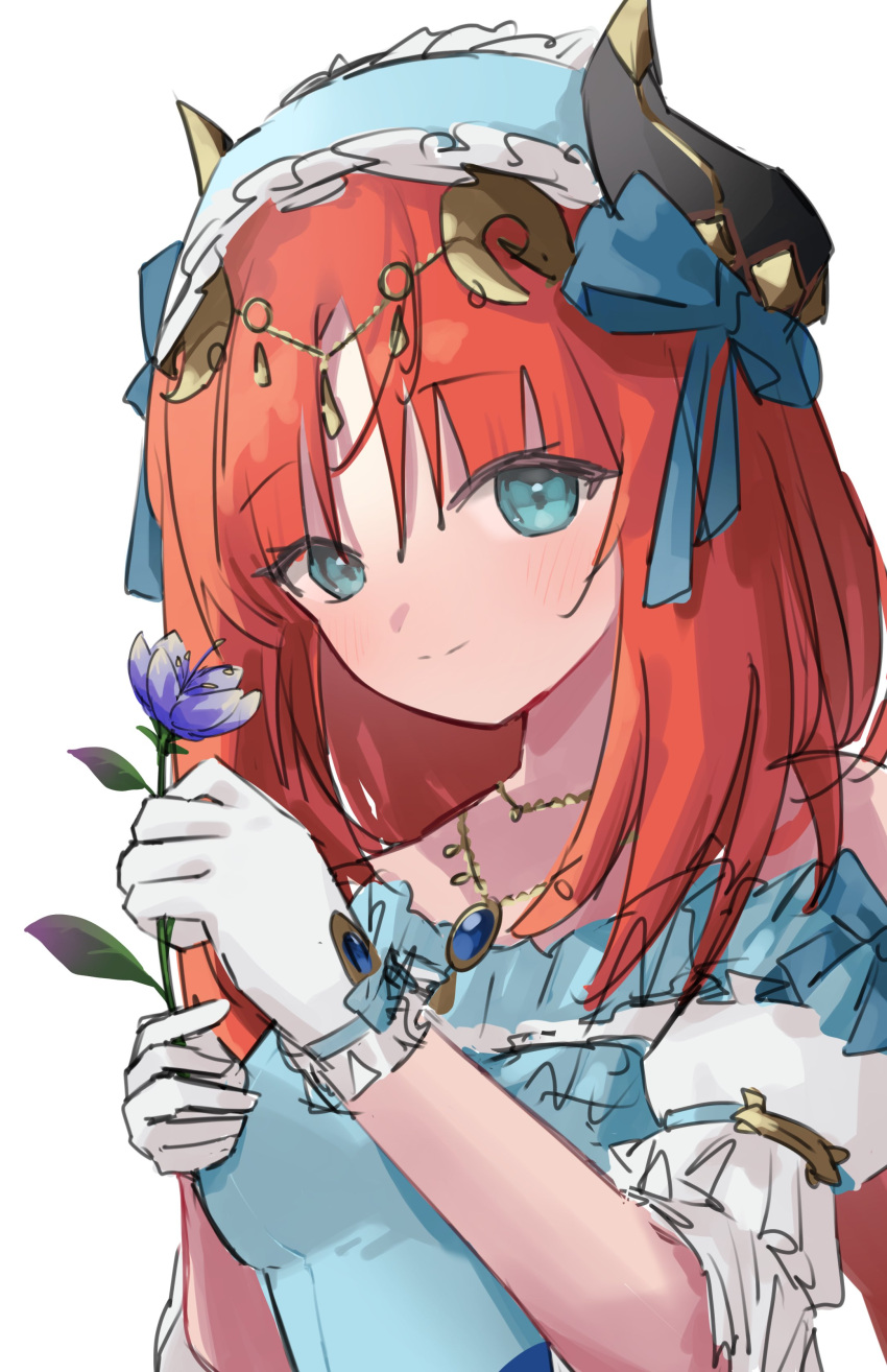 1girl, absurdres, blue_dress, blue_eyes, blue_flower, blue_gemstone, blue_ribbon, closed_mouth